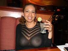 SDinner out with the hotwife and her braless tits in a very see through dress!.